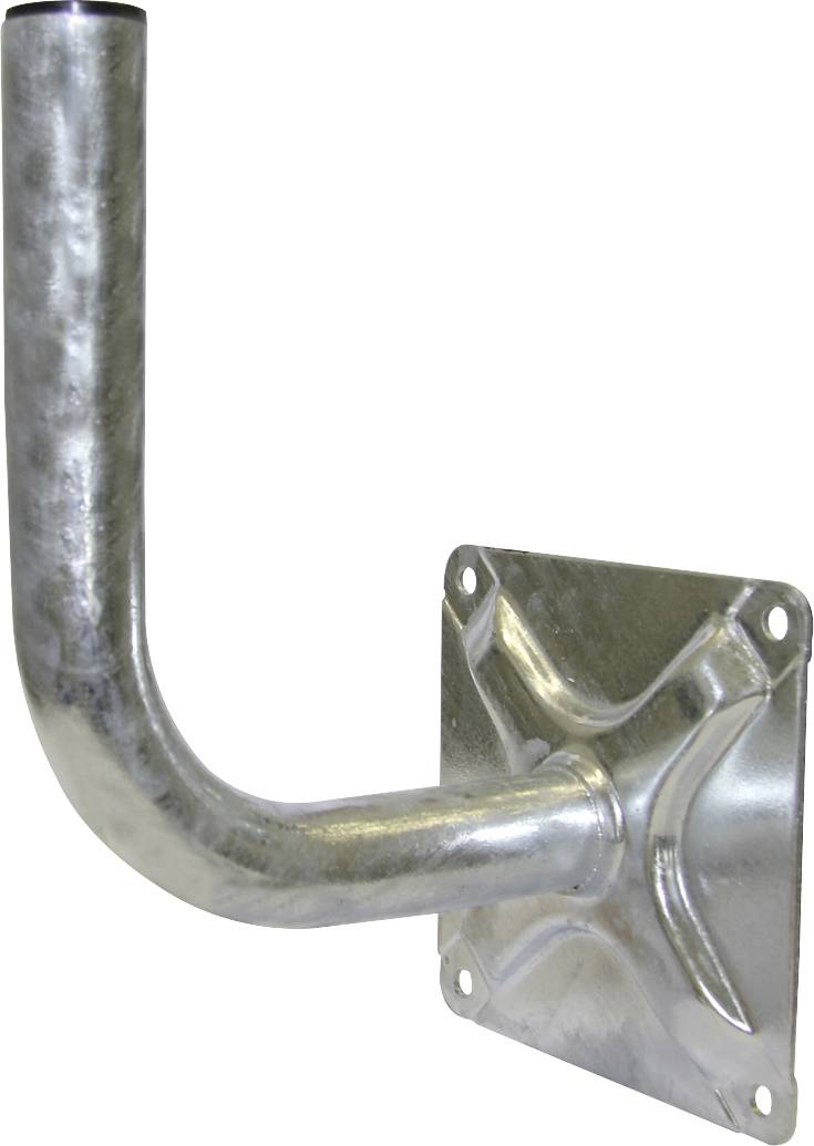 An L-shaped wall mount bracket, made of metal, with a base plate featuring four mounting holes for attachment to surfaces.