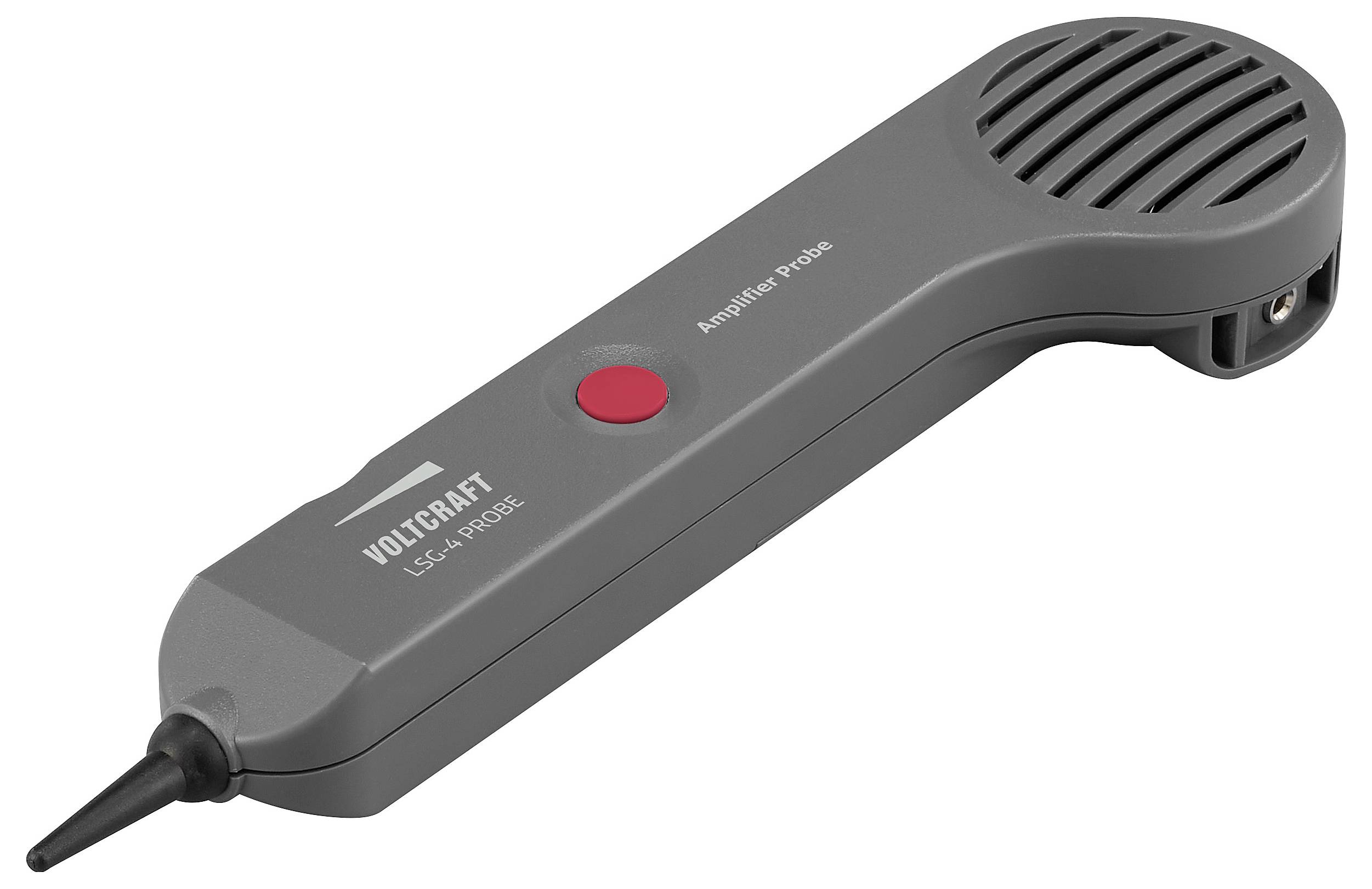 Gray Voltcraft LSG-4 probe with a red button and a speaker grille, used for amplifying signals in electronic testing.