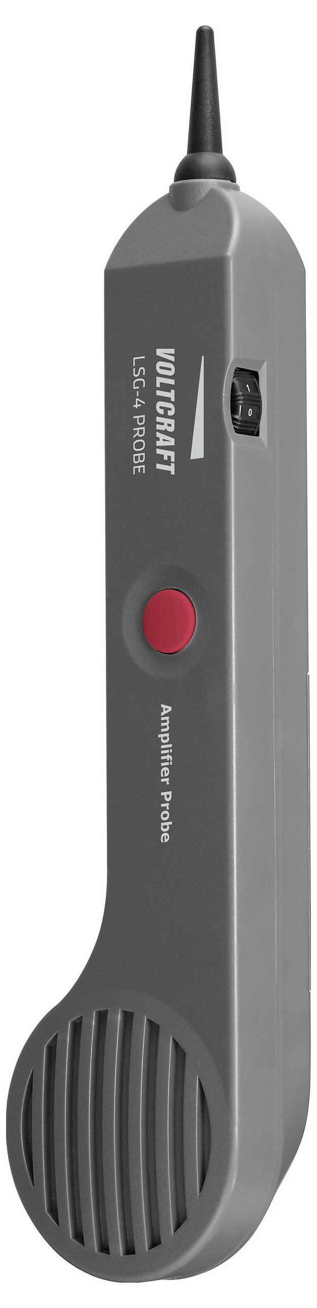 A gray inductive amplifier probe with a red button and a speaker grille on the bottom end, used for testing electrical wiring systems.