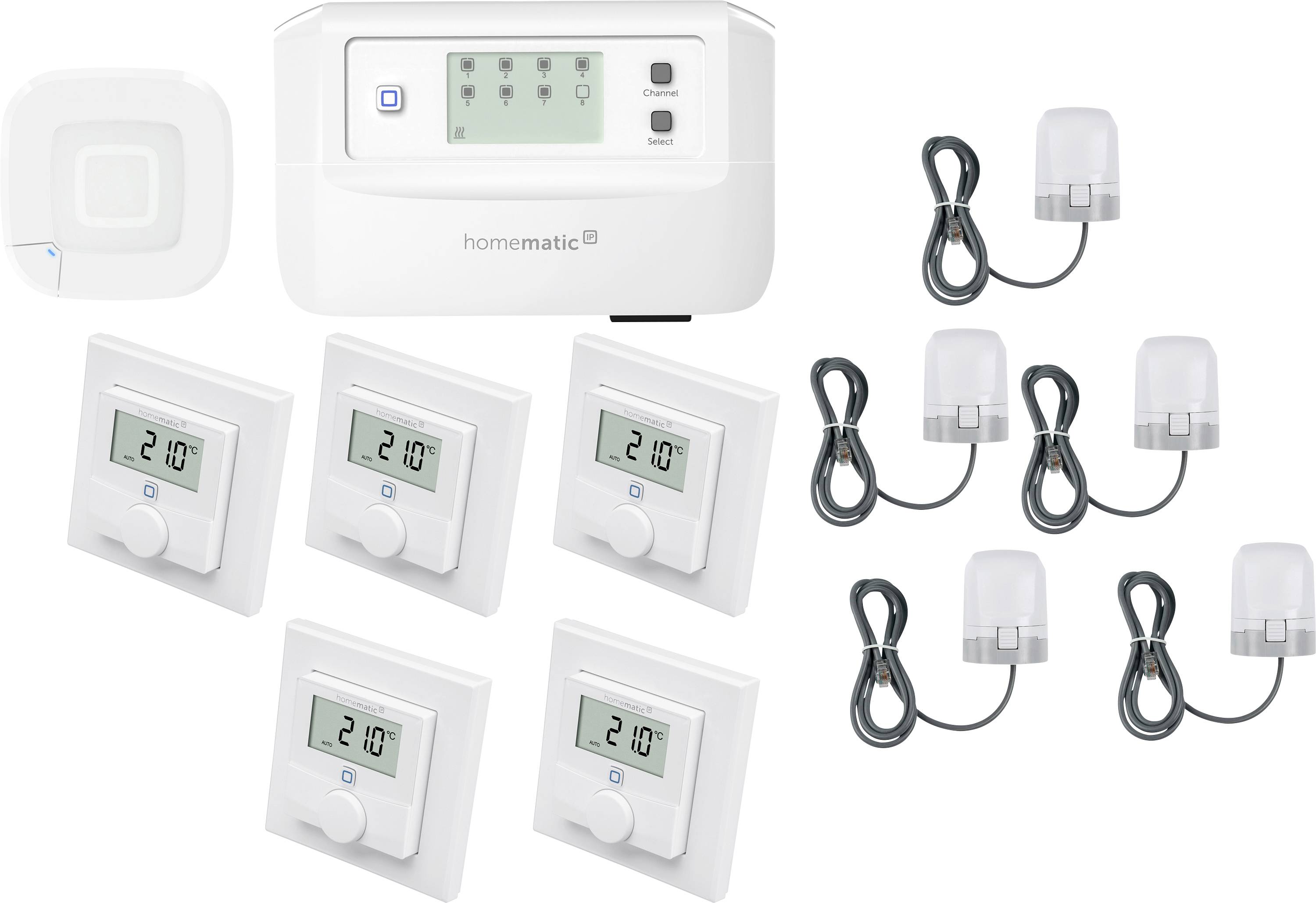 Smart home thermostat system with a central control unit, five thermostat controllers, and four sensors with cables for home heating control.