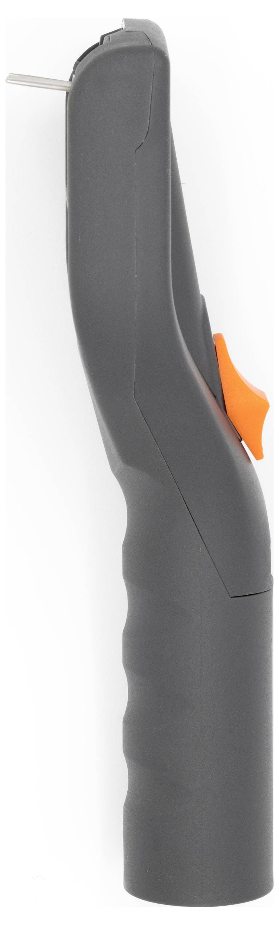 A side view of a handheld electric knife with a gray handle and an orange trigger button. The blade is partially visible at the top.