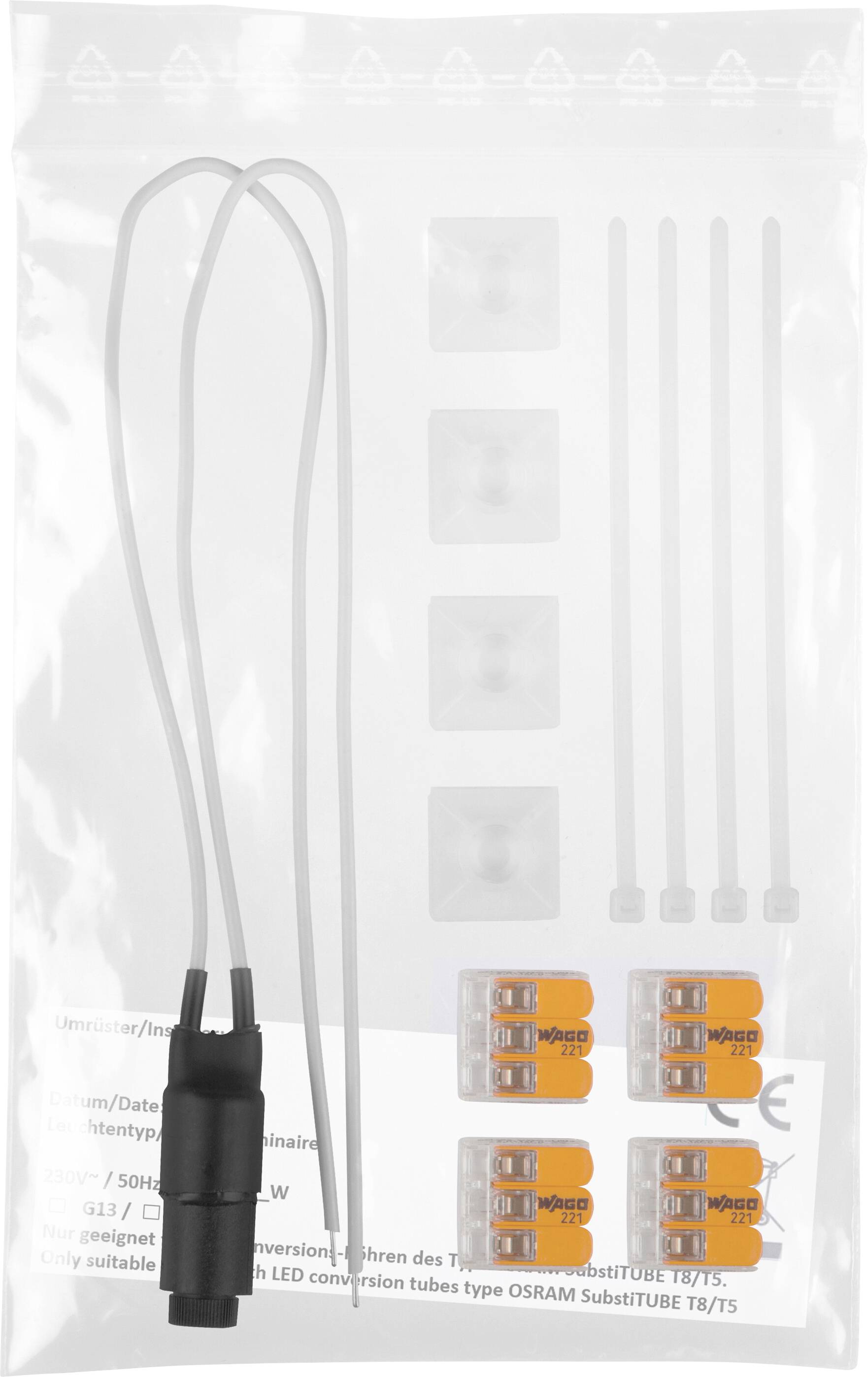 Installation kit including connectors, wires, and cable ties for use with LED conversion tubes. Pack labeled for compatibility with OSRAM SubstiTUBE T8/TS.