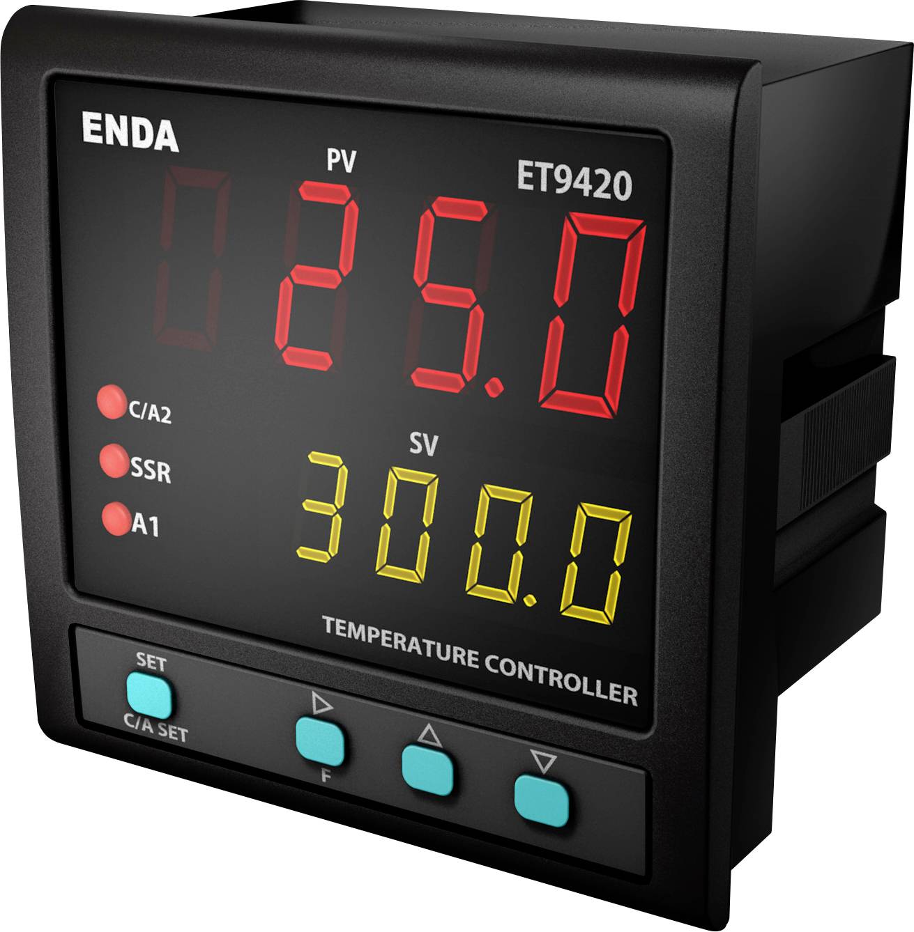 Digital temperature controller displaying 'PV 25.0', 'SV 300.0'. Buttons labeled 'SET', 'C/A SET'. Model: ENDA ET9420.