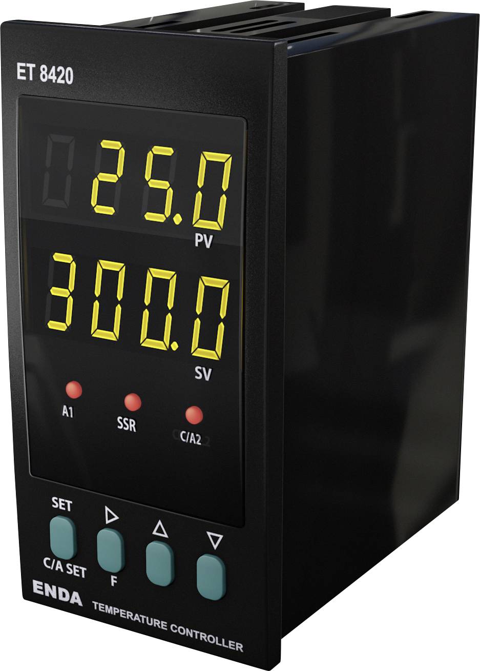 'ENDA ET 8420 Temperature Controller' showing a PV of 25.0 and an SV of 300.0. Includes buttons for settings and control.