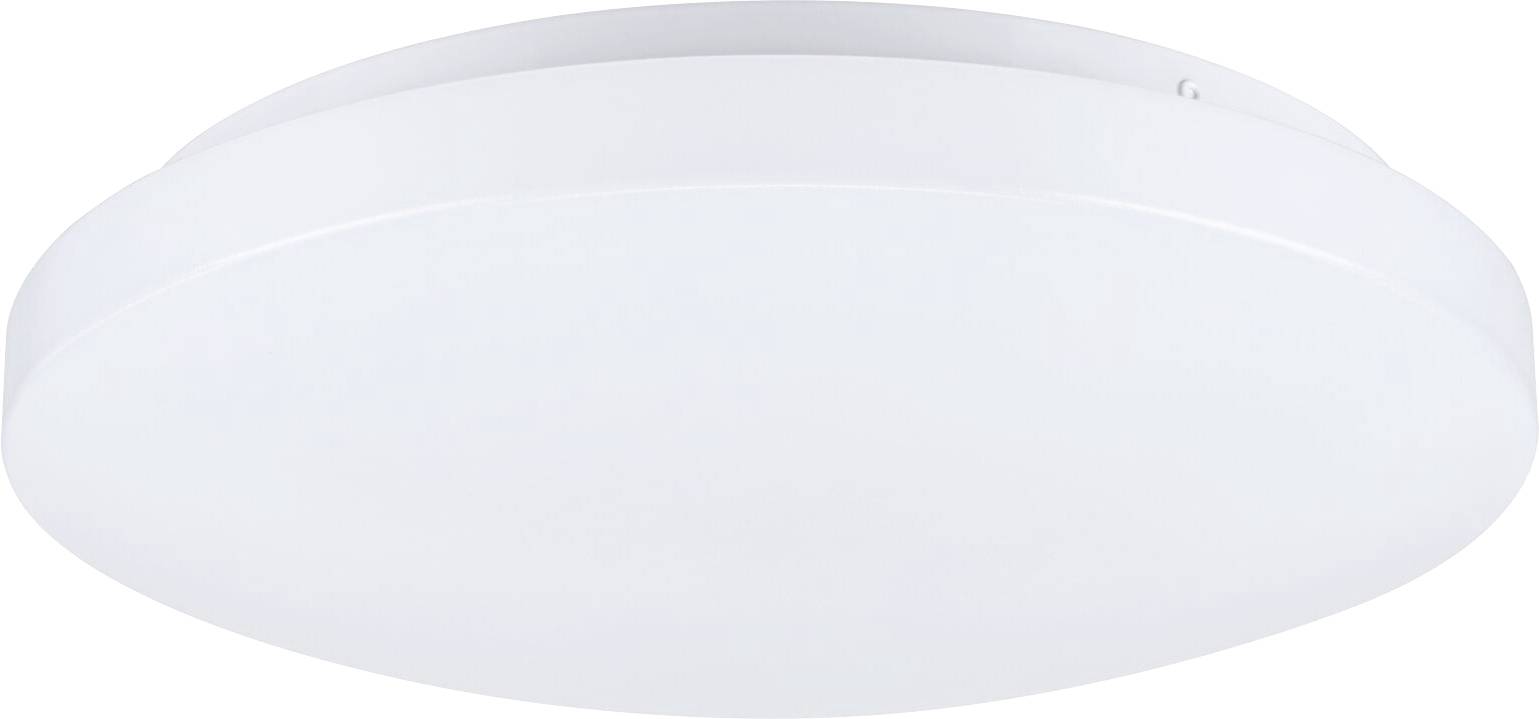 A round, white ceiling light fixture with a minimalistic design, suitable for modern interiors.