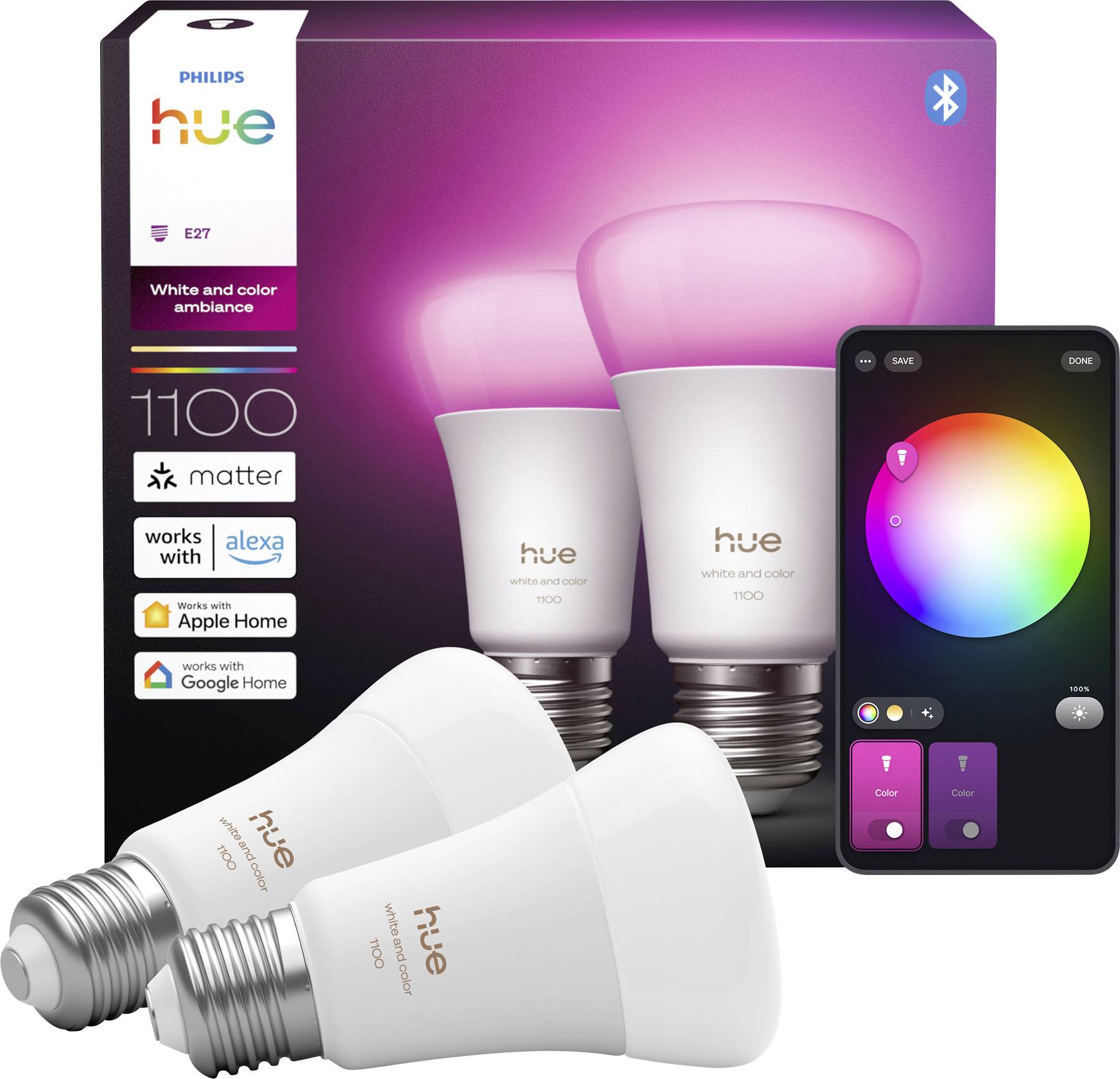 Philips Hue smart light bulbs and app shown. The app displays a color wheel for customizing lighting. Compatible with Alexa, Apple Home, and Google Home.