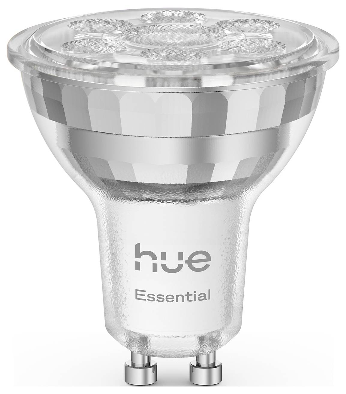 A clear LED bulb labeled 'hue Essential' featuring a metallic base and multiple LED elements, designed for energy-efficient lighting.