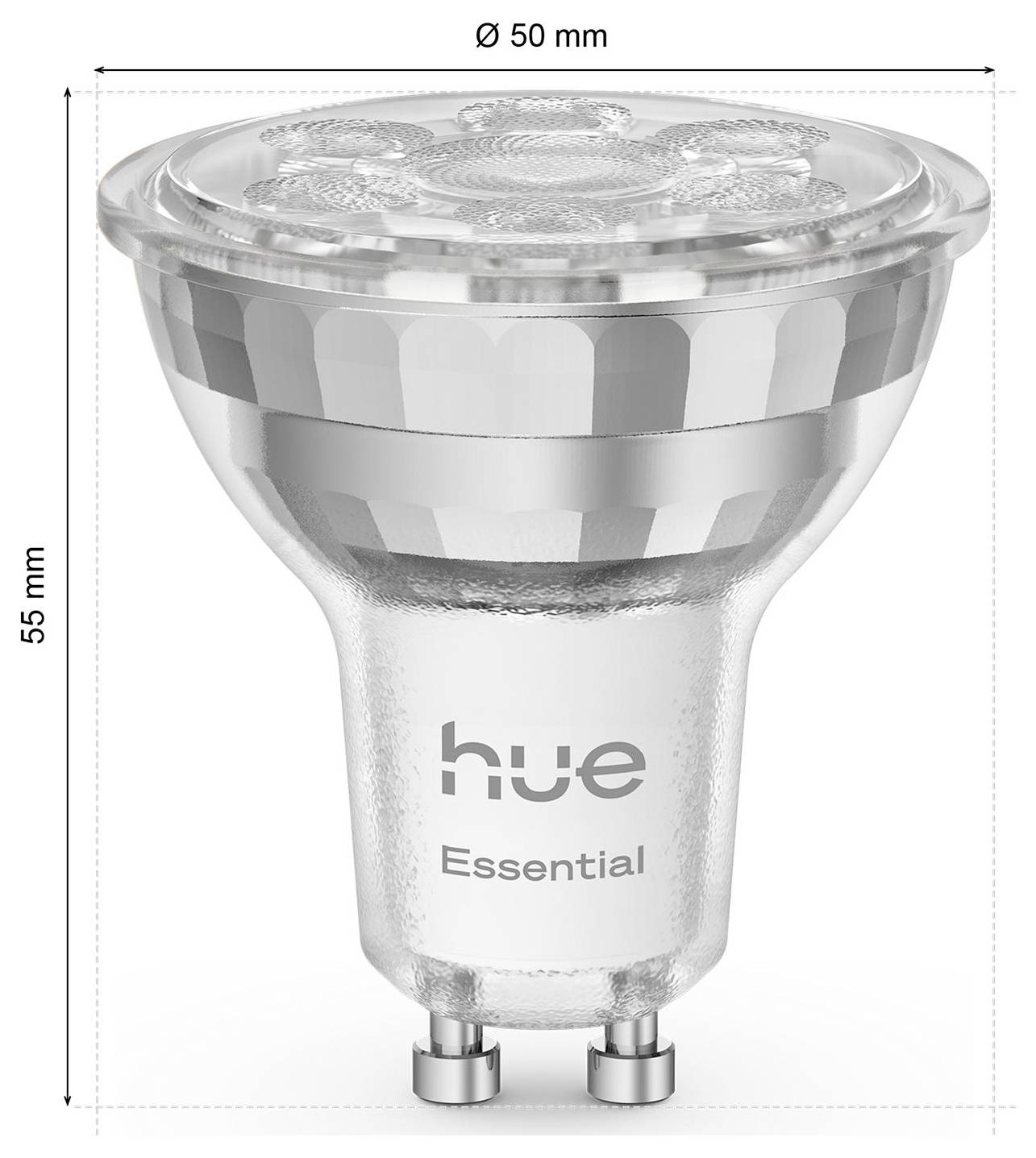 A clear LED bulb labeled 'Hue Essential' with dimensions, 55 mm in height and 50 mm in diameter, featuring a GU10 base.