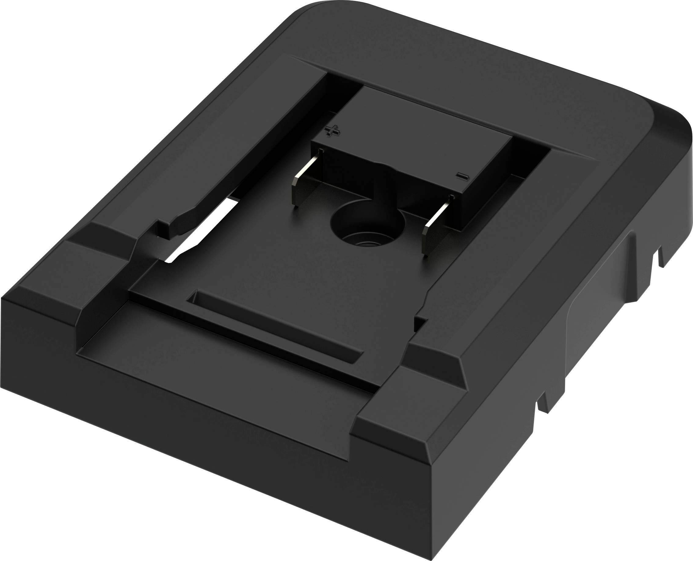 Black plastic 3D printer part with a central circular slot and surrounding grooves, designed to hold a specific component in place.