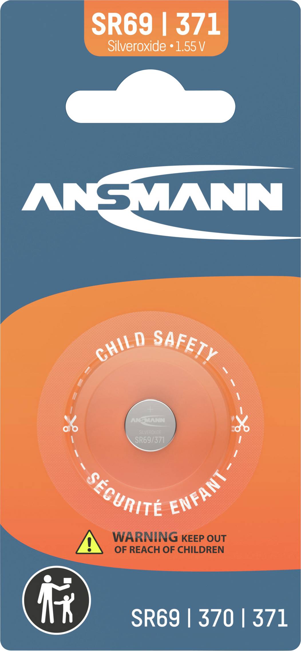 'ANSMANN' SR69 battery packaging with child safety warning. Silver oxide, 1.55V. Includes icon for keeping away from children.