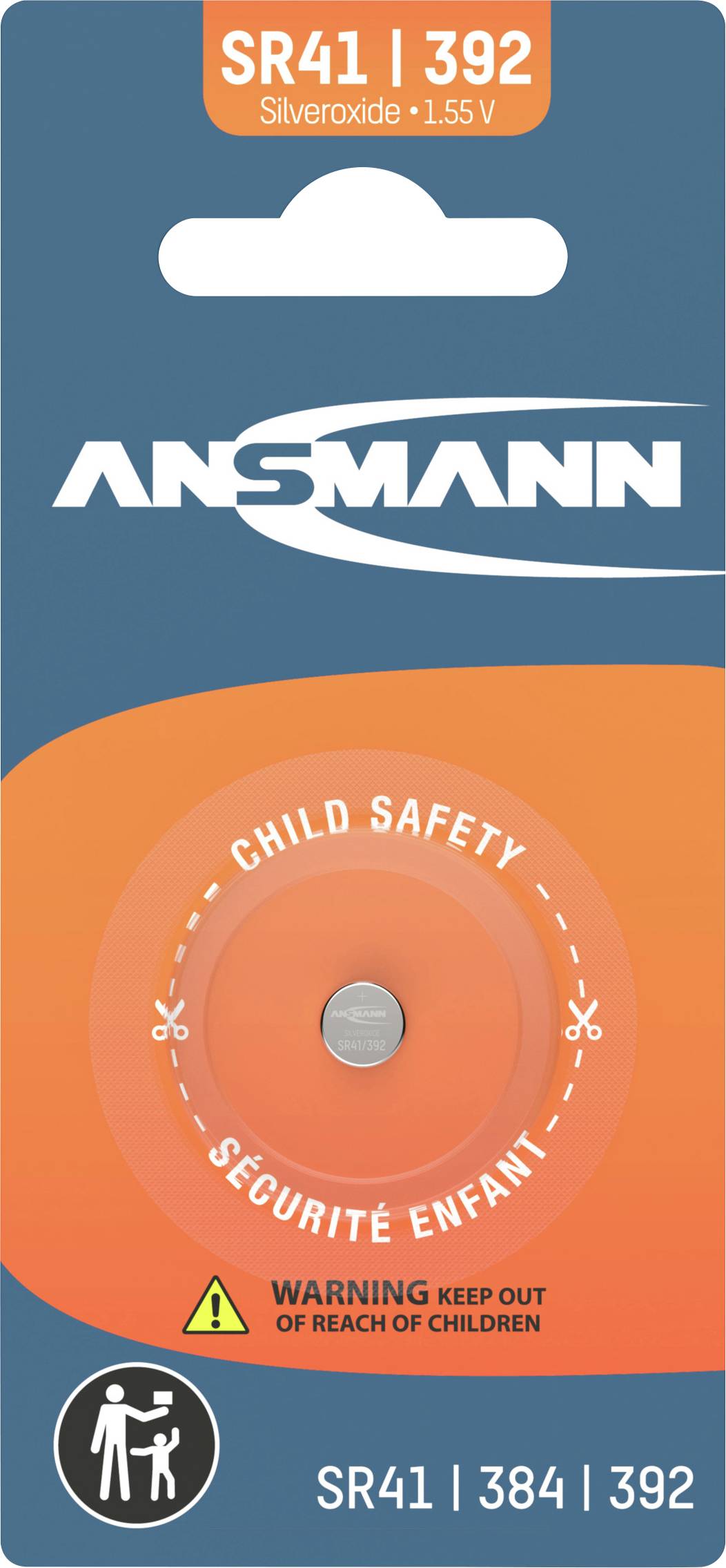 Ansmann SR41 | 392 battery package with child safety feature and warning to keep out of reach of children.