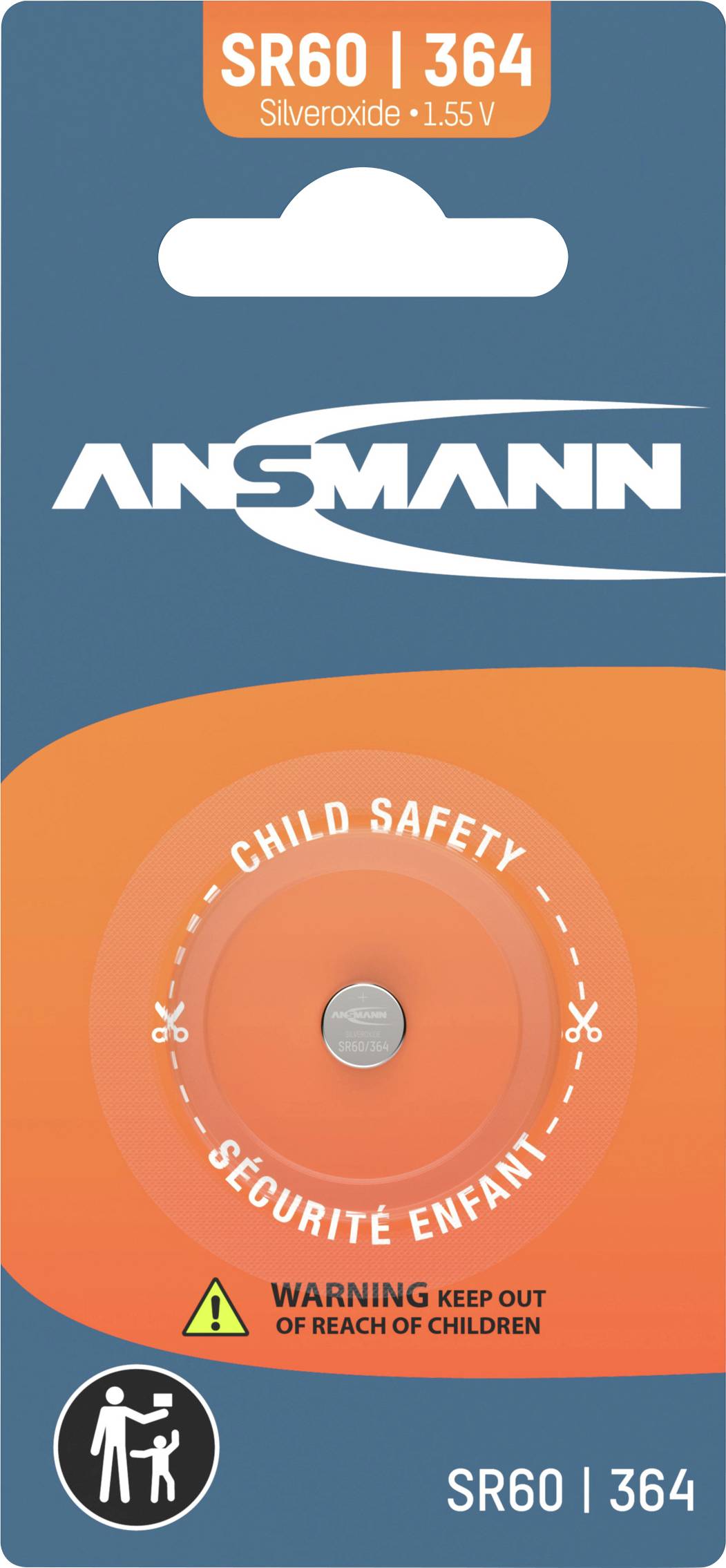 'ANSMMAN SR60 | 364 Silveroxide 1.55 V' button cell battery packaging, labeled 'CHILD SAFETY', warning icon for children safety.