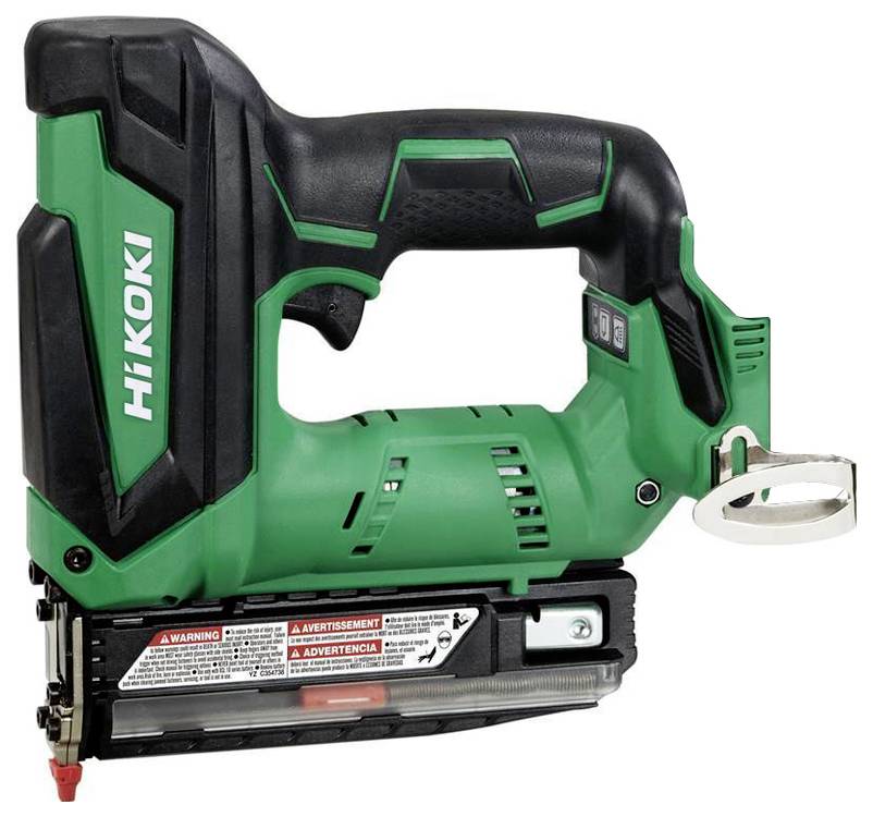 A green and black nail gun by HiKoki, featuring an ergonomic handle and safety labels on the side. Used for construction tasks.