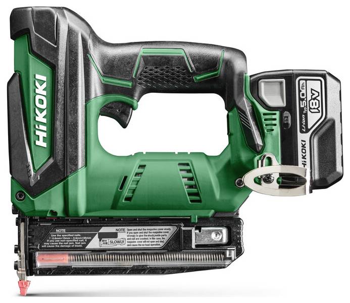 A green and black cordless nail gun labeled 'Hikoki' with an 18V 5.0Ah battery, designed for construction and woodworking tasks.