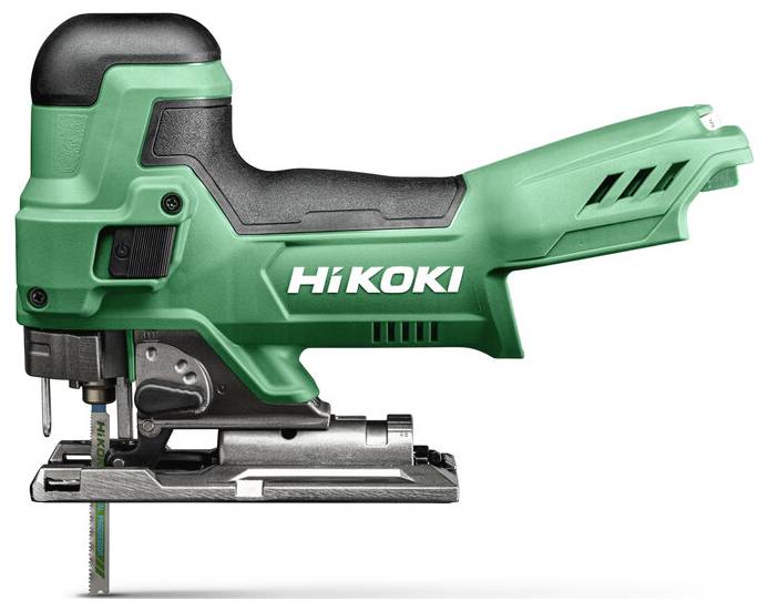 A green HiKOKI jigsaw tool featuring a streamlined design with a visible metal blade attached to the bottom.