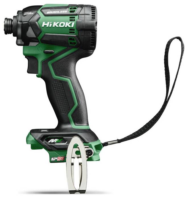 A green and black cordless impact driver with 'HiKOKI' branding, featuring a brushless motor, wrist strap, and a belt clip attached.