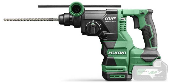 A green and black HiKOKI cordless hammer drill with a long drill bit attached, showing the side view.