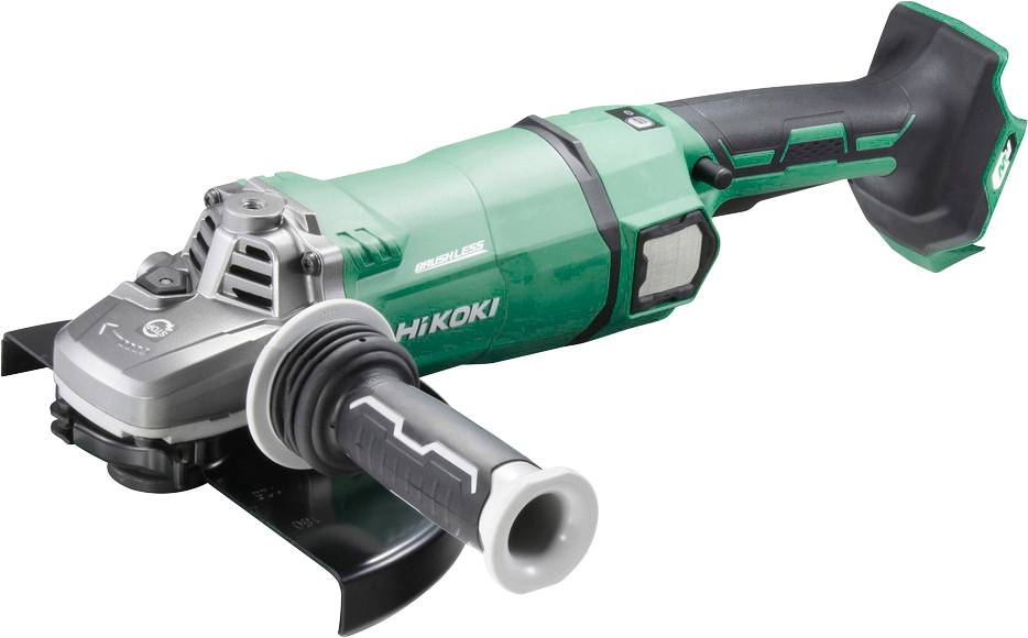 A green cordless angle grinder with 'Hikoki' branding, featuring a side handle and a disc attachment, shown on a white background.