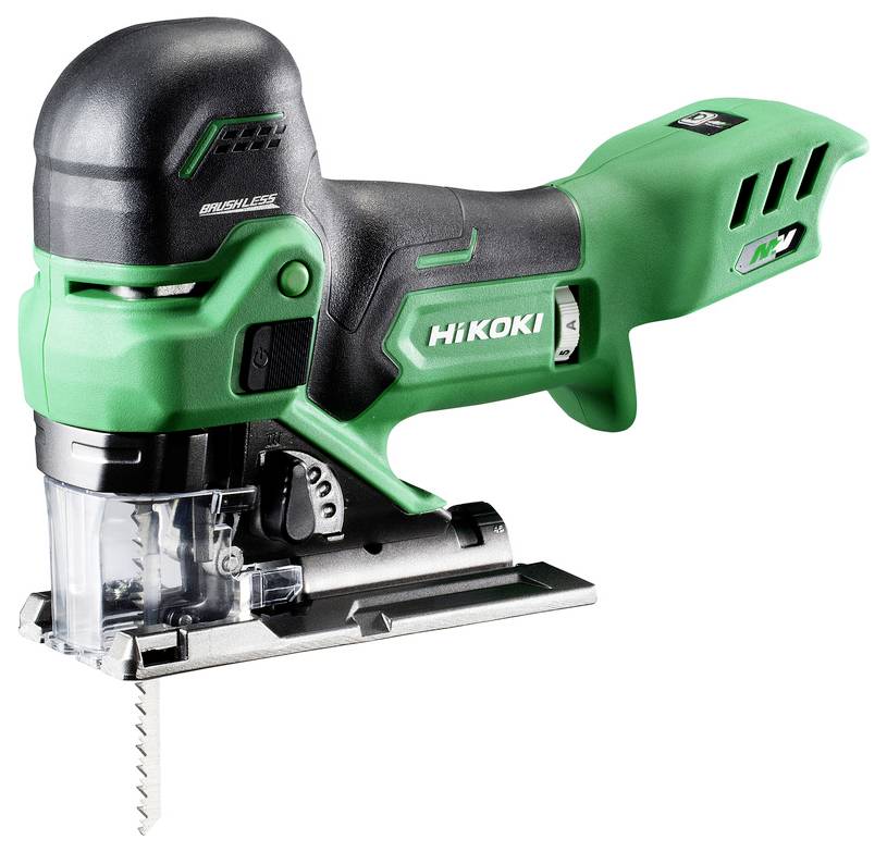 A green and black Hikoki cordless jigsaw with a visible blade and ergonomic handle, positioned at an angle to highlight its design.