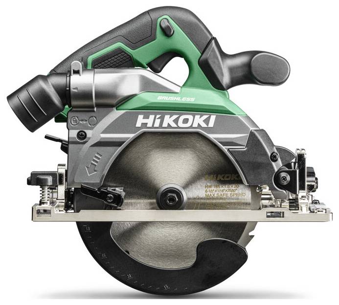 A green and silver HiKoki circular saw with a visible saw blade, labeled 'Brushless', indicating a cordless power tool for cutting.