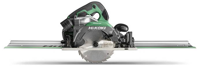 Electric circular saw with a green and black design labeled 'HiKOKI', shown on a guide rail for precise cutting.