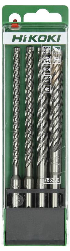 'HiKOKI SDS-Plus drill bit set' in a clear plastic case with three spiral drill bits of varying sizes, suitable for concrete and masonry.