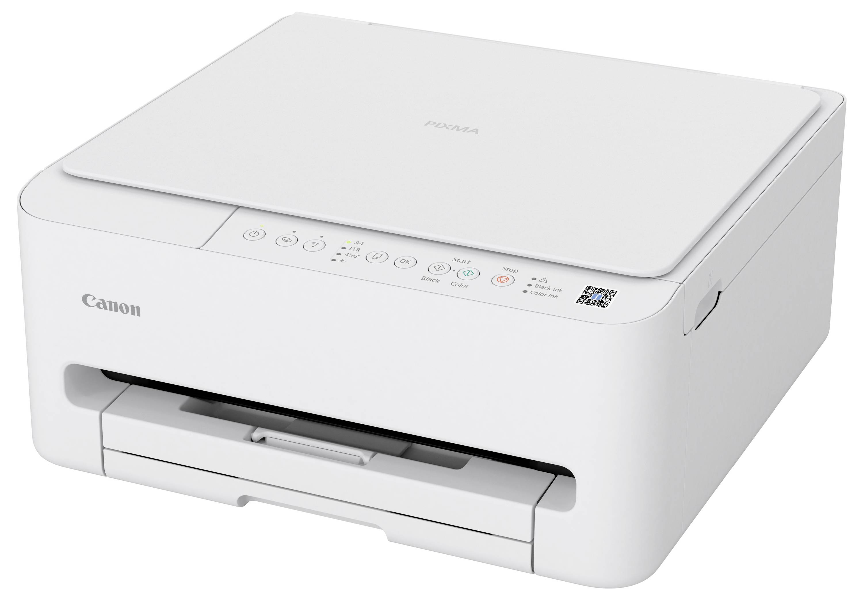 A white Canon printer with control buttons and an open paper tray, suggesting it's ready for use.