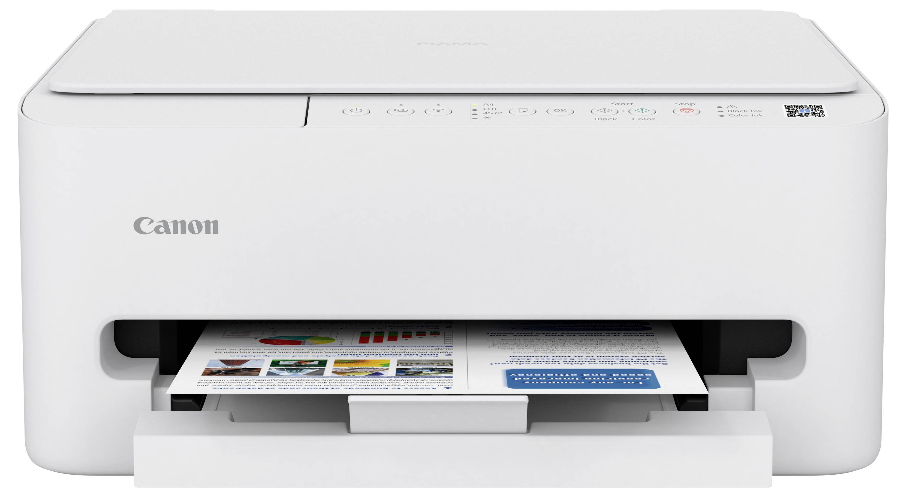 A white Canon multifunction printer is printing a colorful document. The printer has a compact design with button controls on the top.
