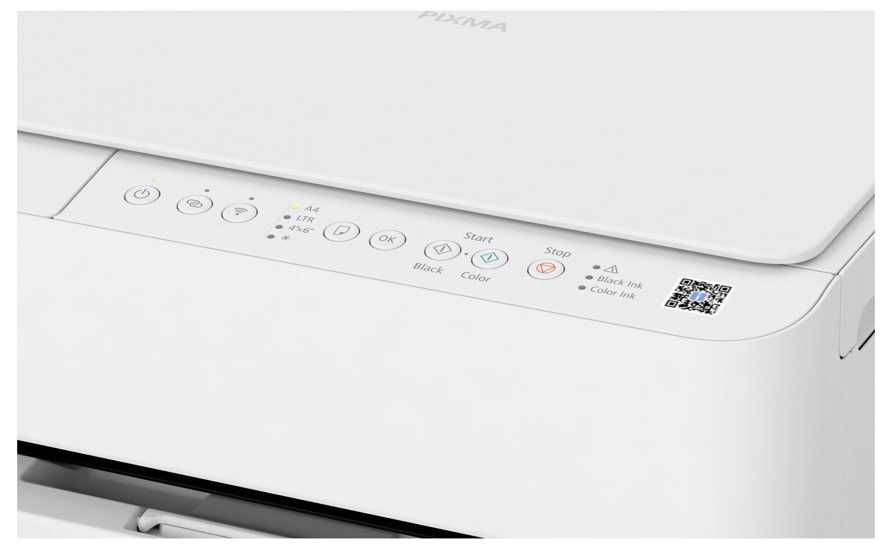 A white printer's control panel featuring power, Wi-Fi, and various function buttons, including start and stop, with a small display screen.