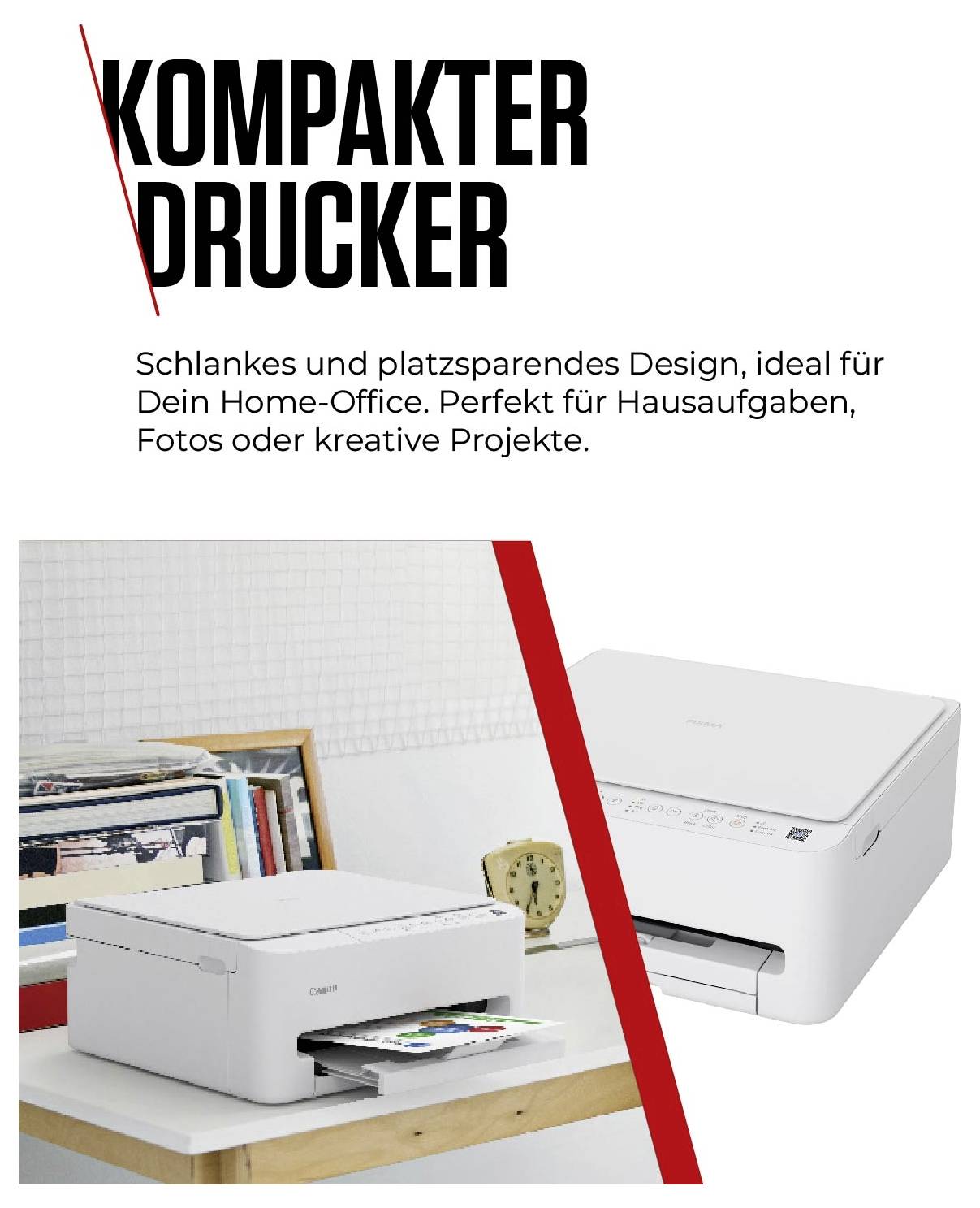 A compact white printer prints a colourful photo. Text: 'Compact Printer'. Ideal for home office and creative projects.