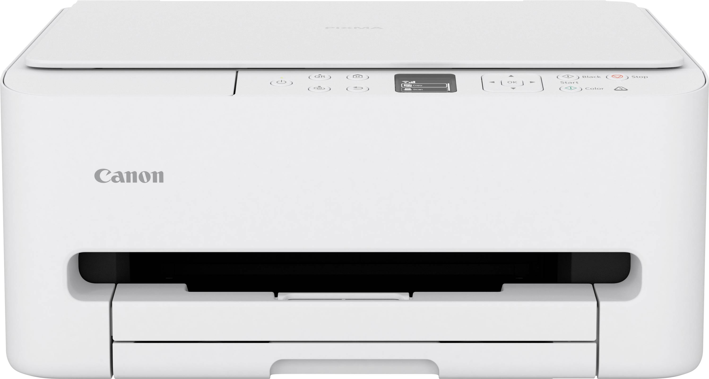 A white Canon printer with control buttons on the top, front paper tray open, designed for home or small office use.