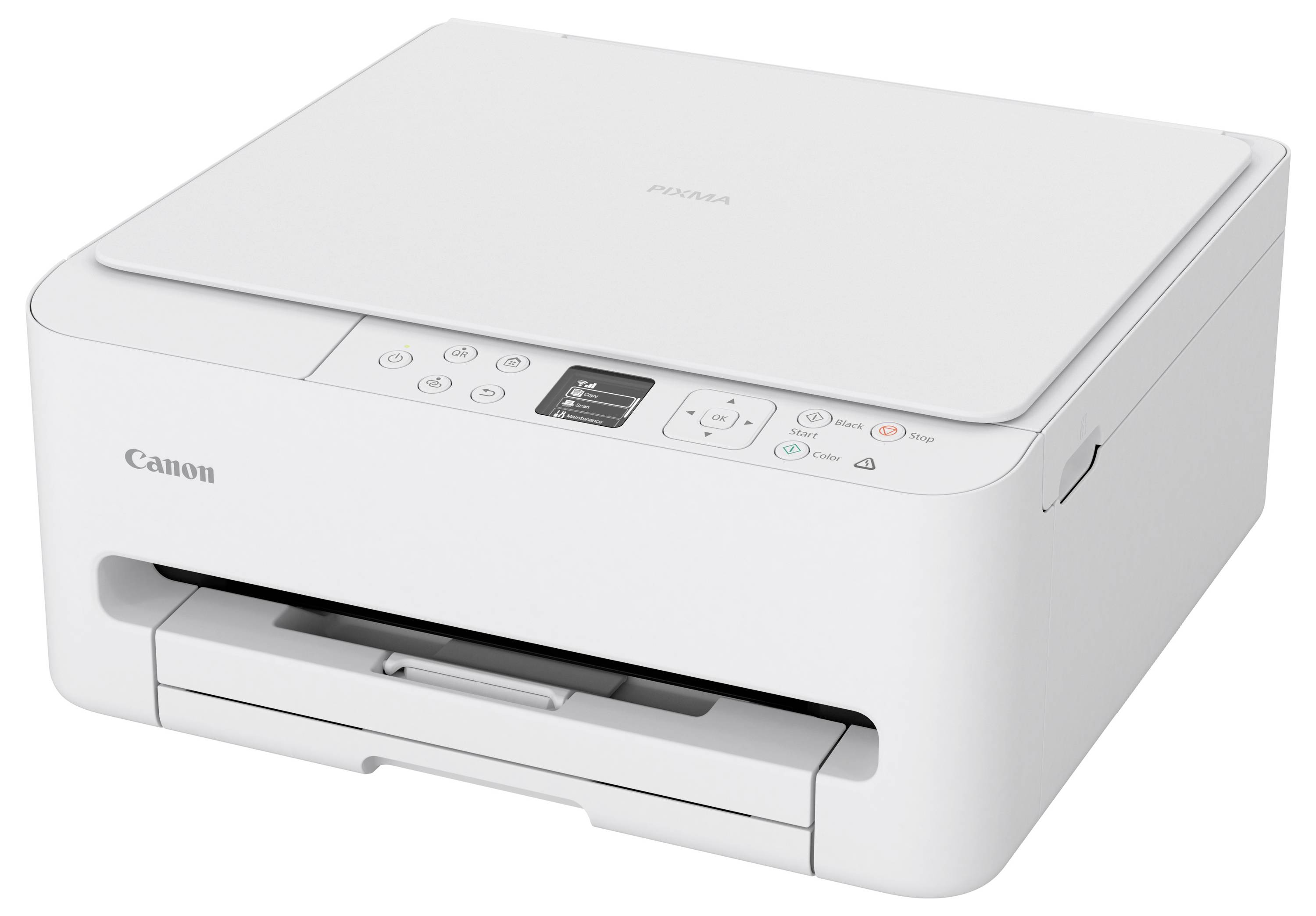 A white Canon printer in a closed position, showing control buttons and a paper tray, suitable for home or office use.