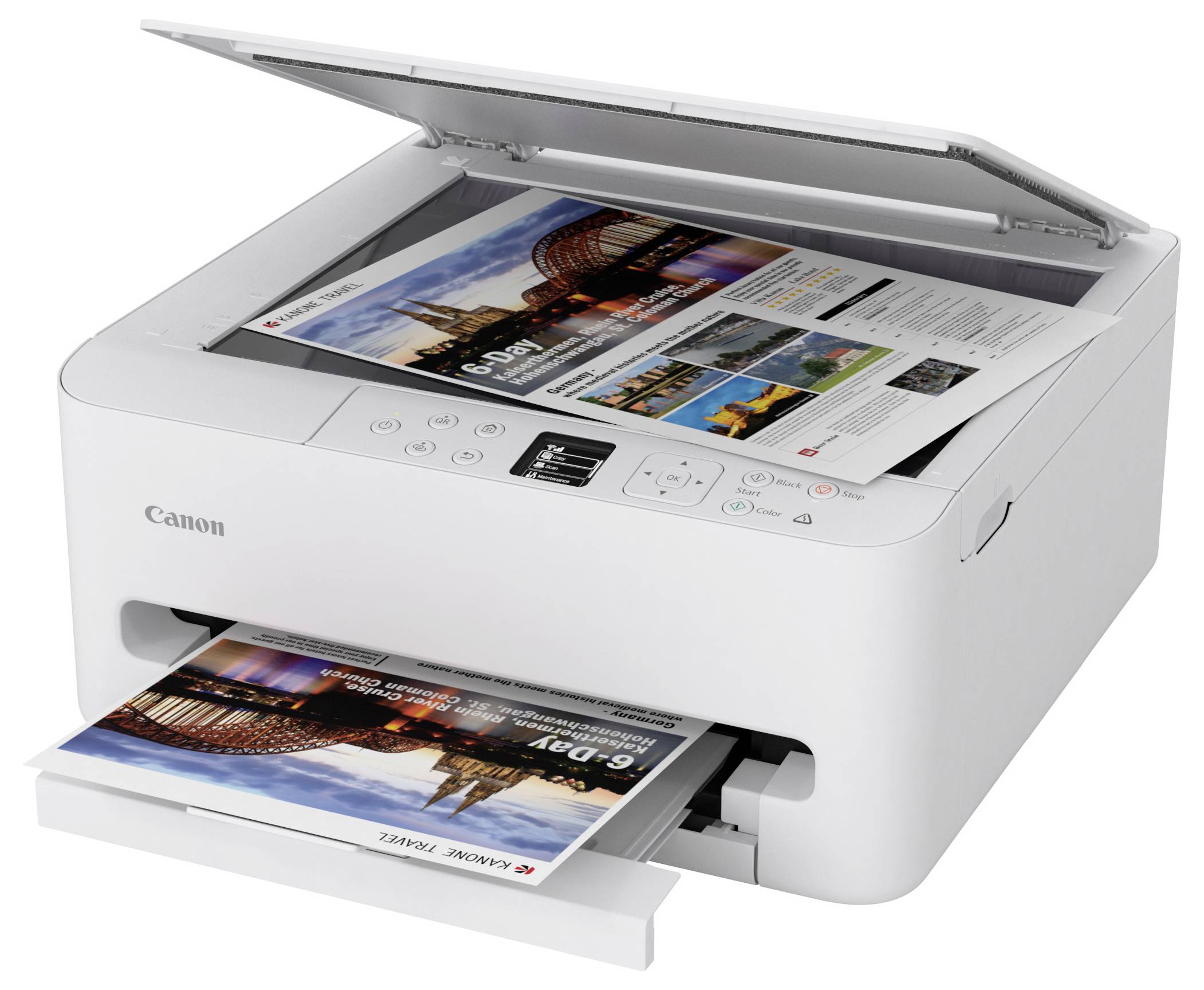 A white Canon printer printing a page with an image and text. The output tray holds a completed print with similar content.