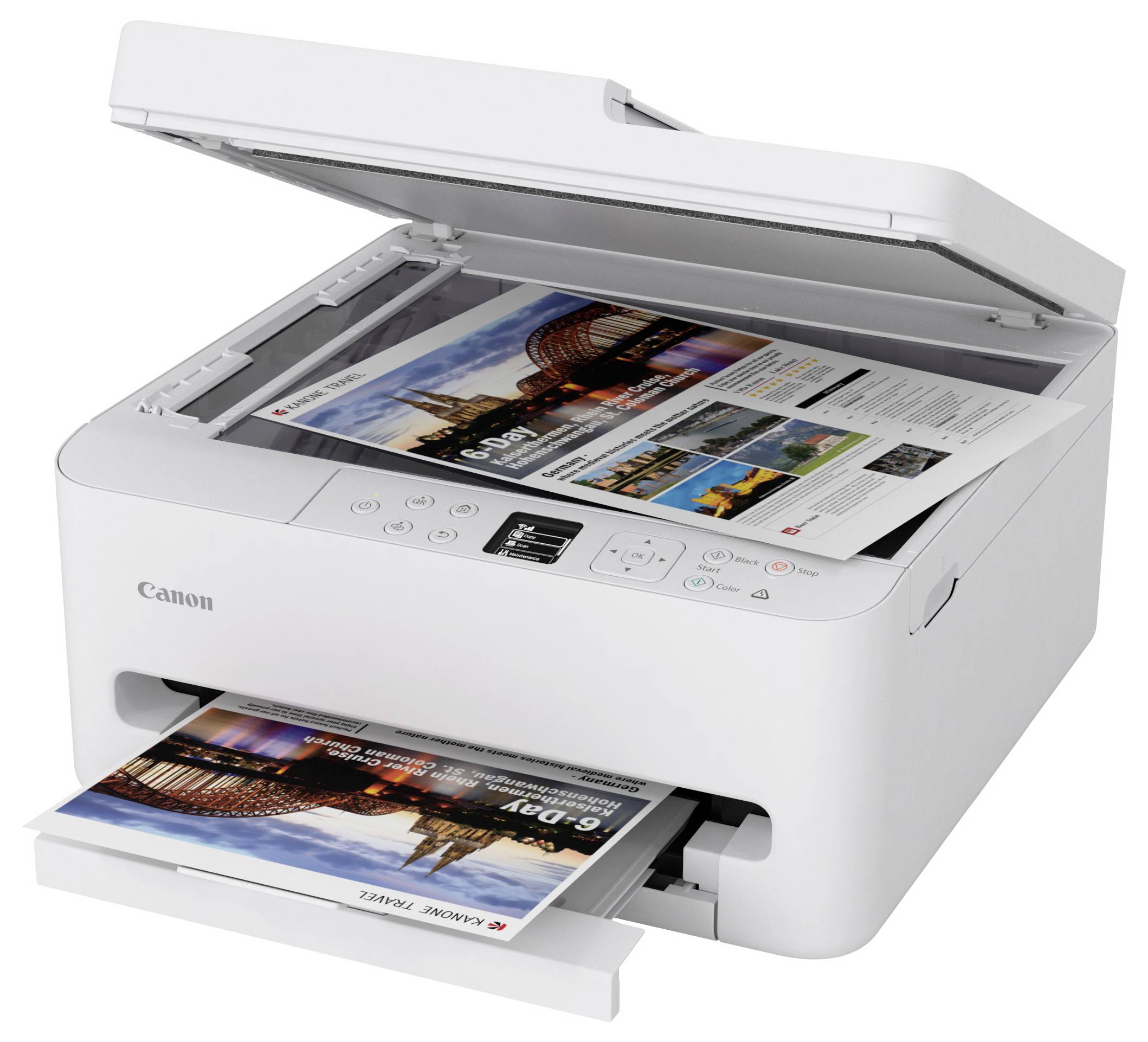 White Canon printer with open lid printing a colorful document showcasing a cityscape and various event details.