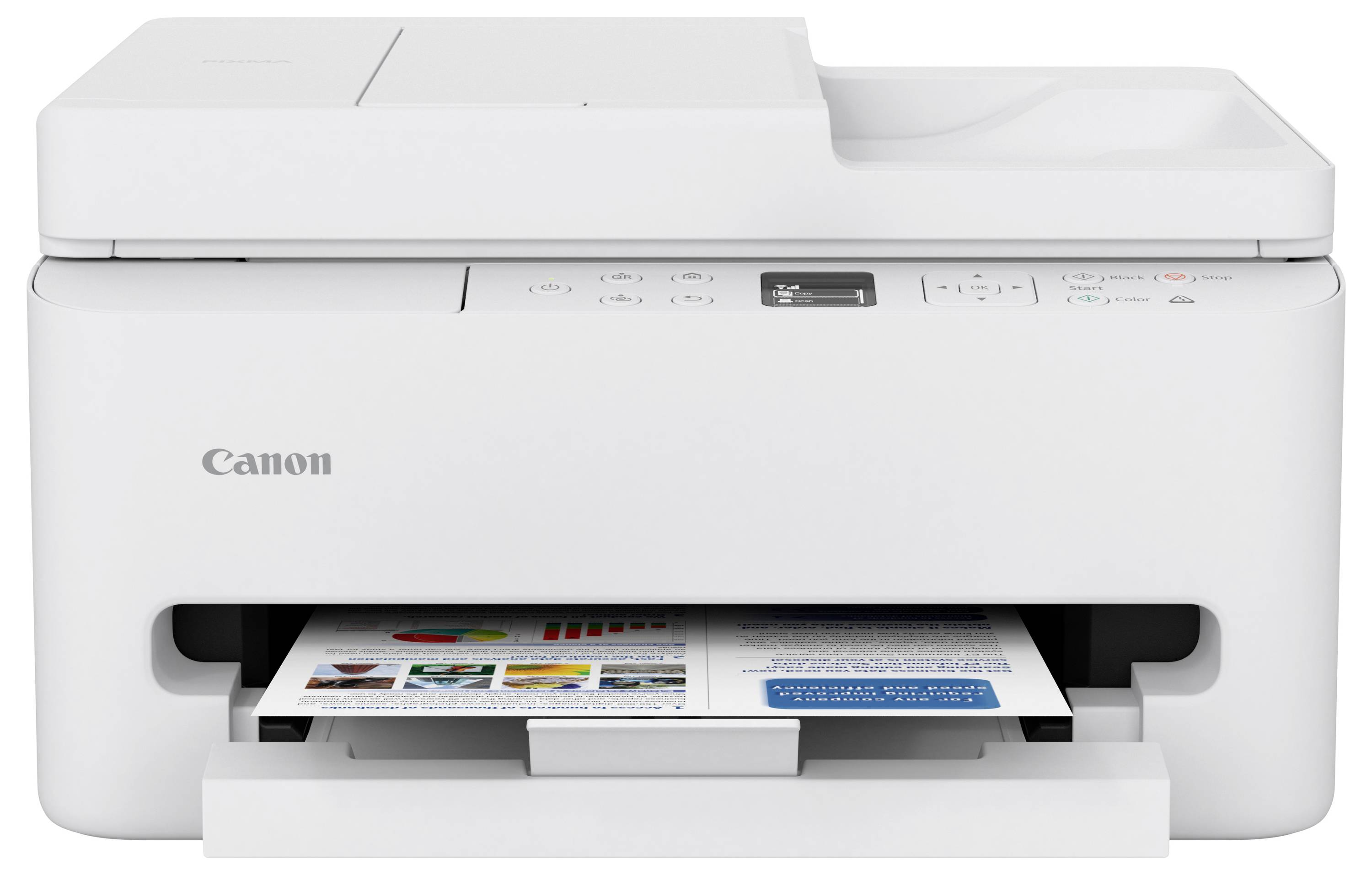 A white Canon printer with a paper featuring colorful charts and text being printed, highlighting its functionality and output quality.