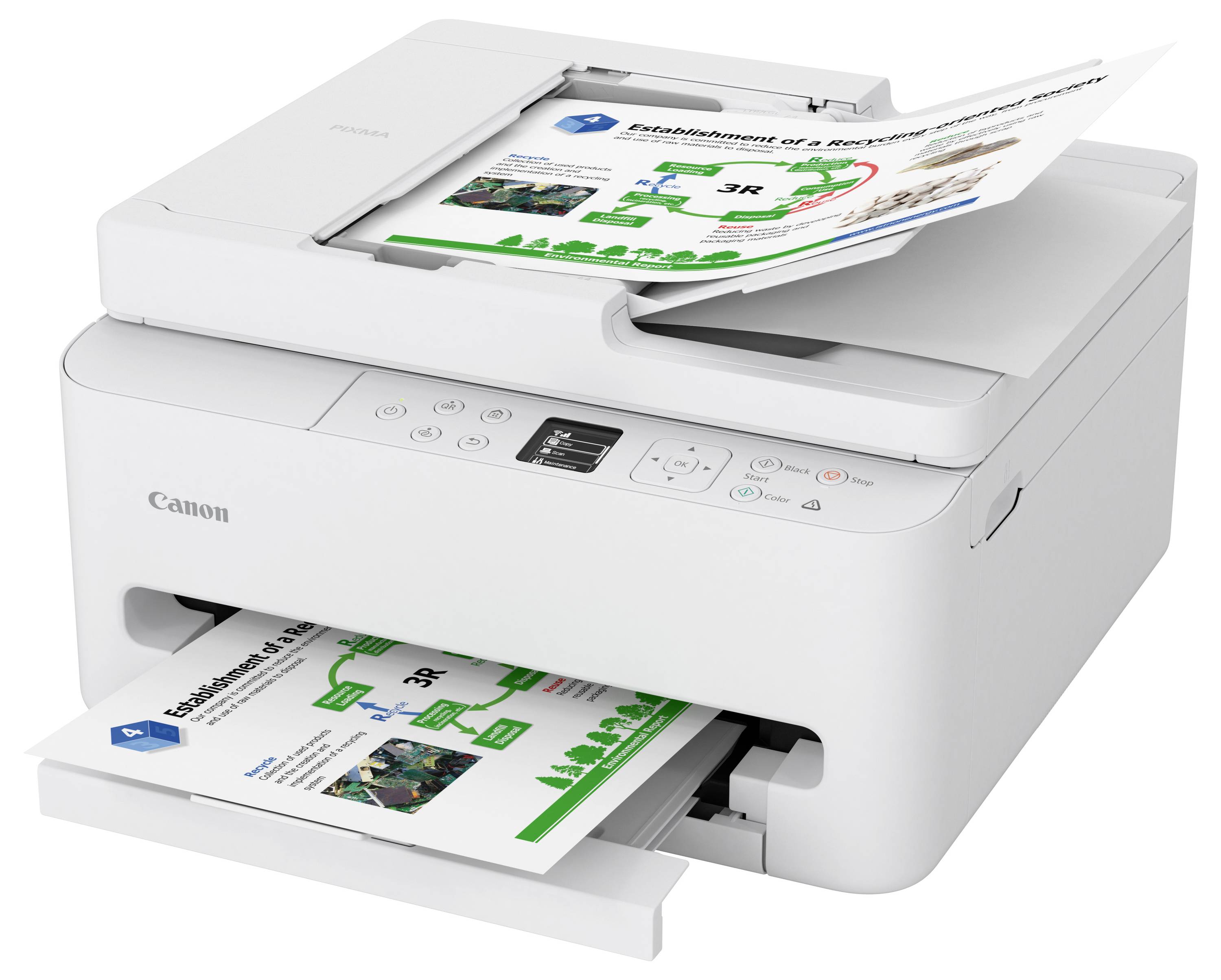 A white Canon printer is shown printing a document with graphics titled 'Establishment of a Secure Network.'
