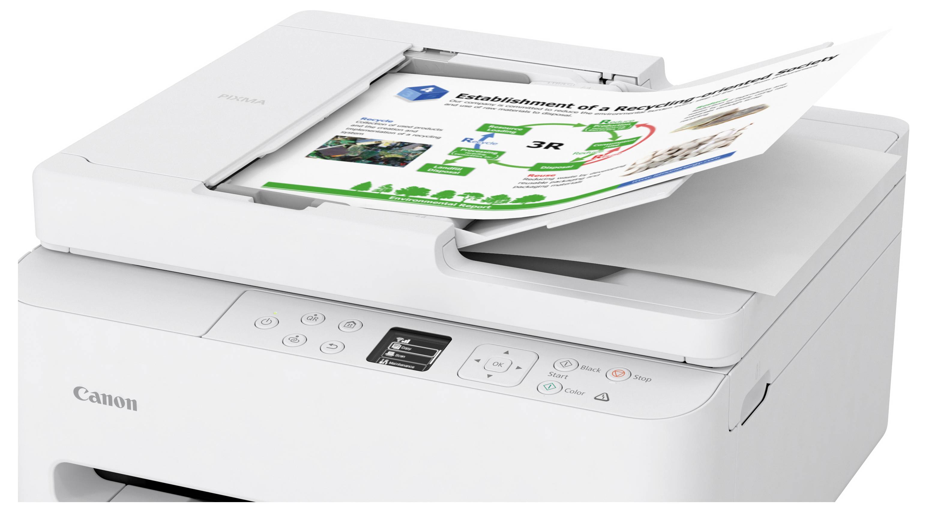 A white Canon printer with a page emerging, displaying a flowchart titled 'Establishment of a Resource-Circulating Society' in green and blue.