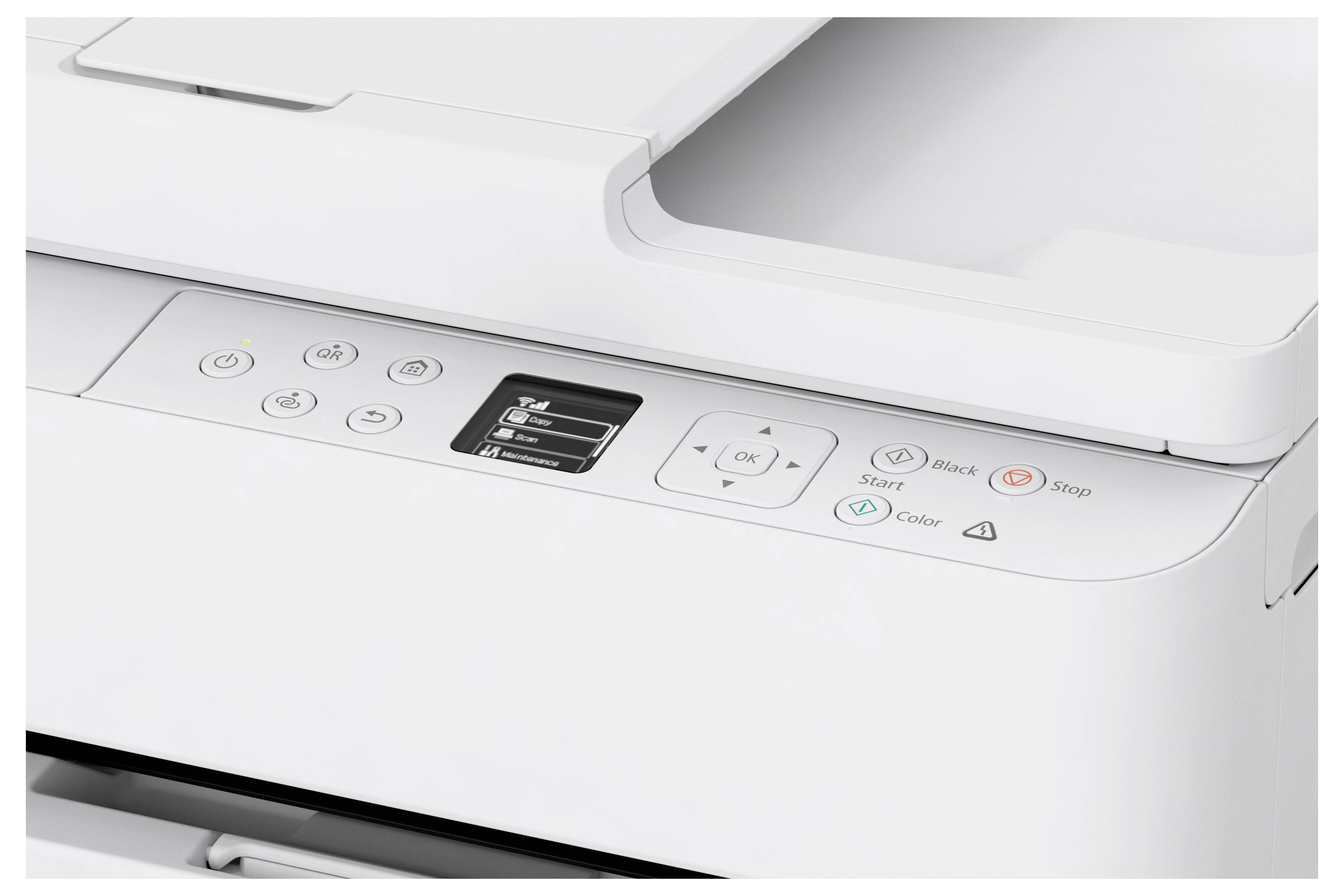 A white printer control panel with buttons for power, copy, scan, stop, and color/start options. Digital display shows current settings.