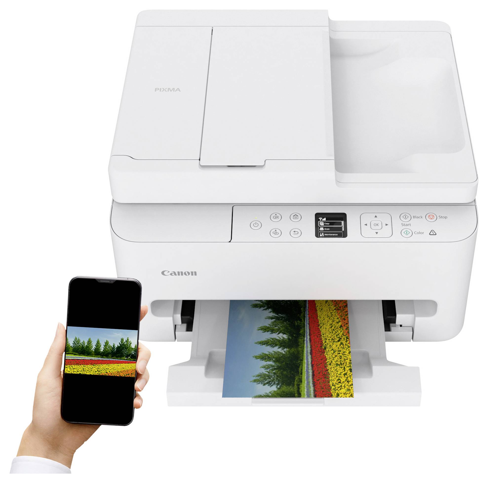 A wireless printer is printing a colorful photo of a landscape as it connects to a smartphone in a person's hand.