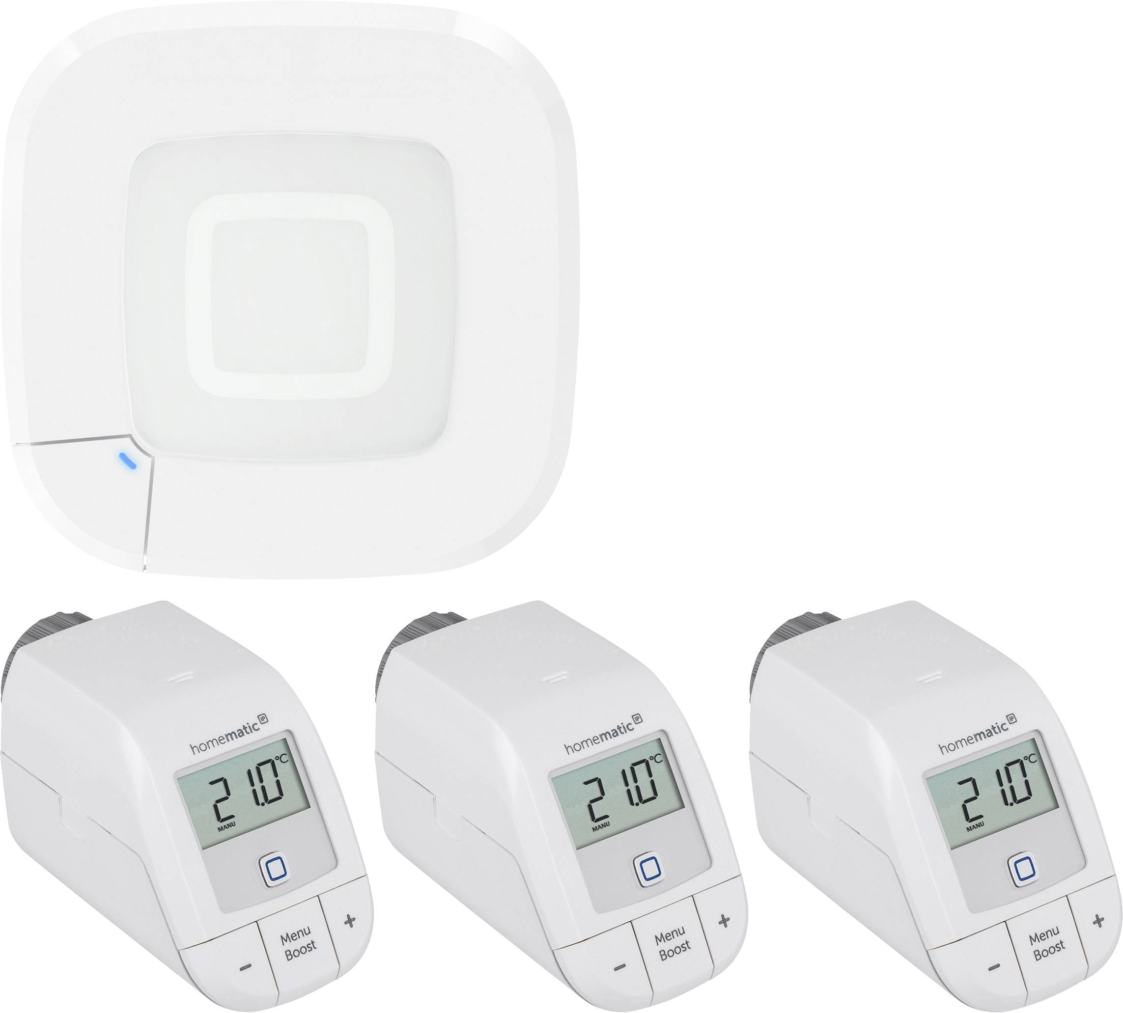 A smart home thermostat system with one central hub and three digital radiator thermostats displaying '21.0°C' on their screens.