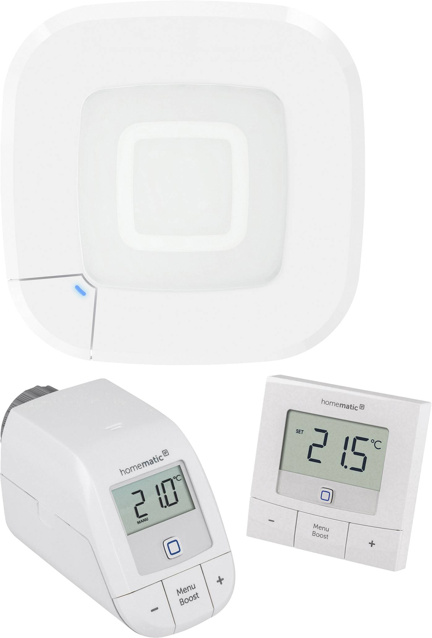 A smart home thermostat system with a hub and two digital display units showing temperature settings of 21.0°C and 21.5°C.