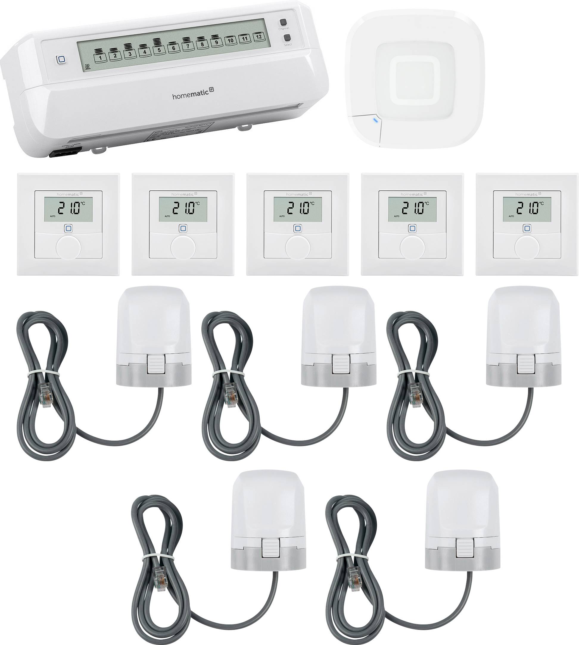 A set of smart home devices, including a central control unit, temperature sensors, and connected actuators, arranged in rows.