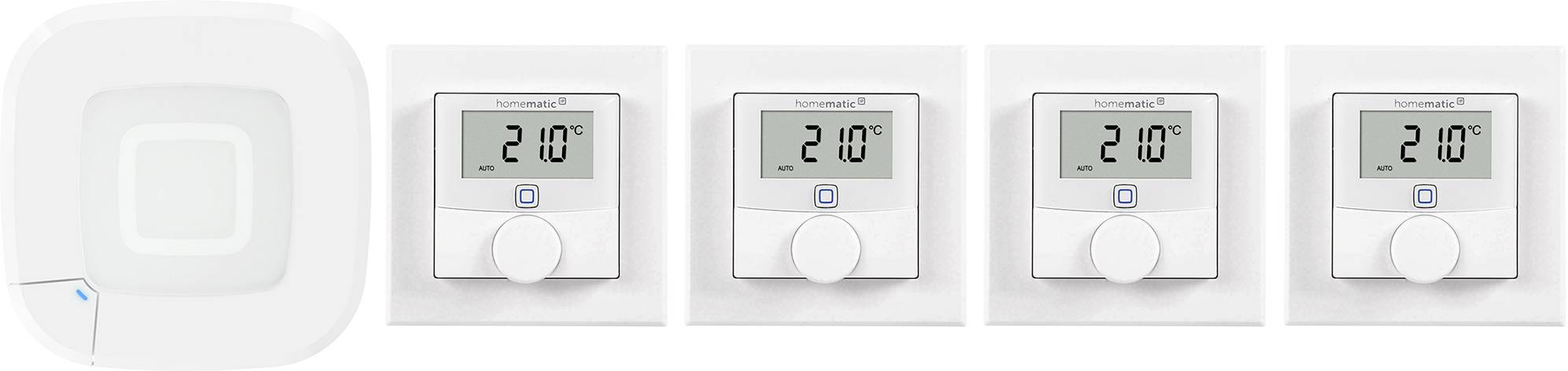 Four digital thermostats set to 21.0°C, each mounted on a white wall, next to a square white panel with a blue light indicator.
