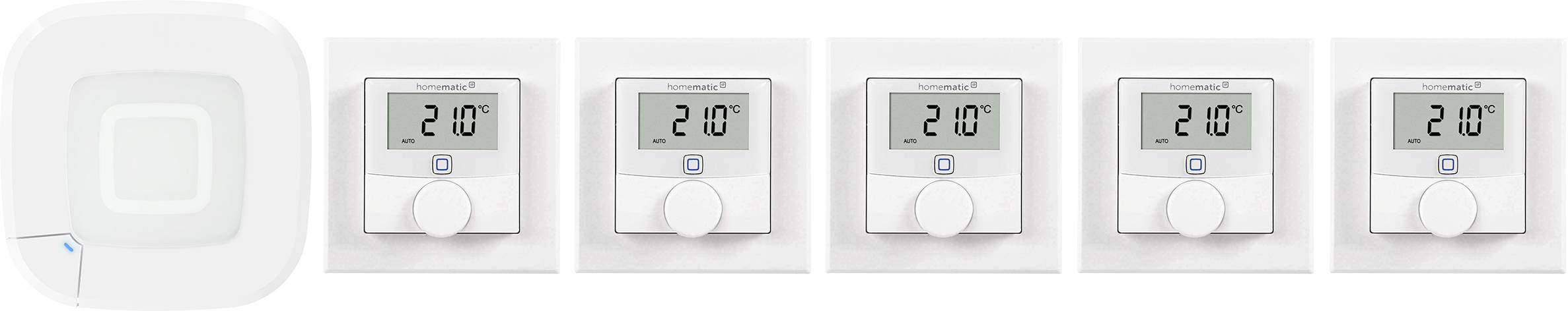 Smart home thermostat interface showing 21.0 degrees Celsius on multiple digital displays.