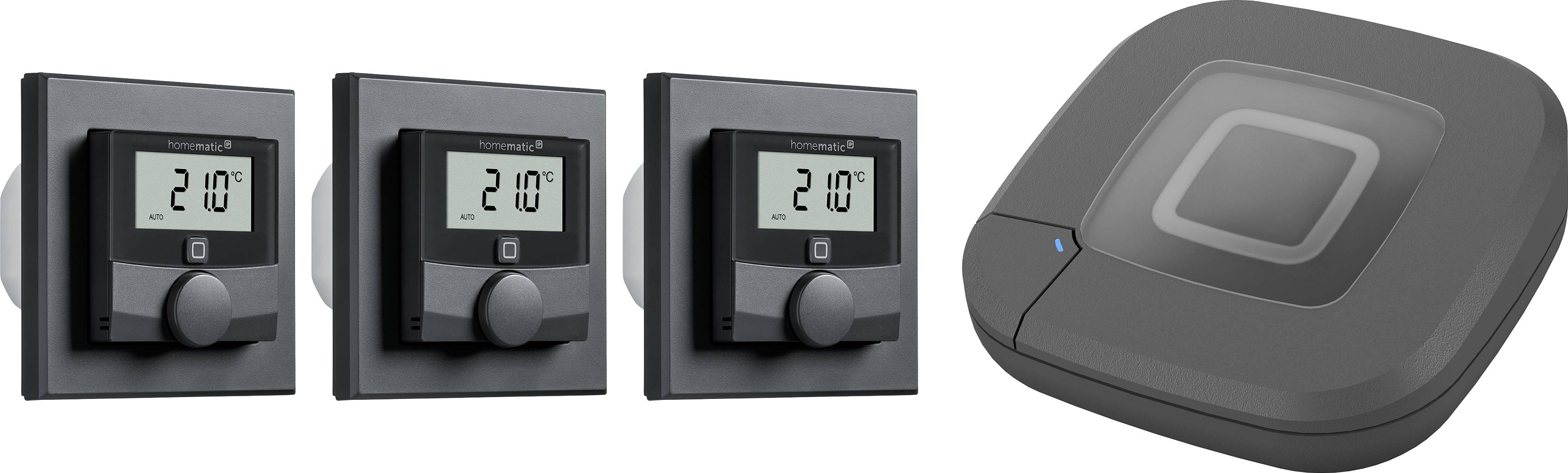 Three digital thermostats displaying '21.0°' and a rectangular, black wireless hub. The setup suggests a smart temperature control system.