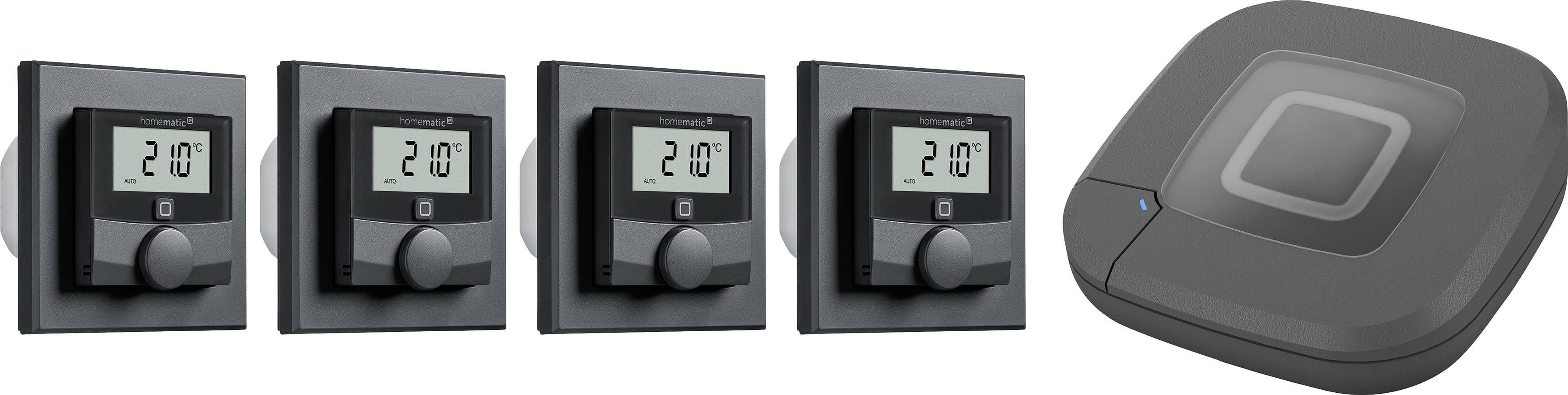 Four digital thermostats display '21.0', next to a black wireless device.