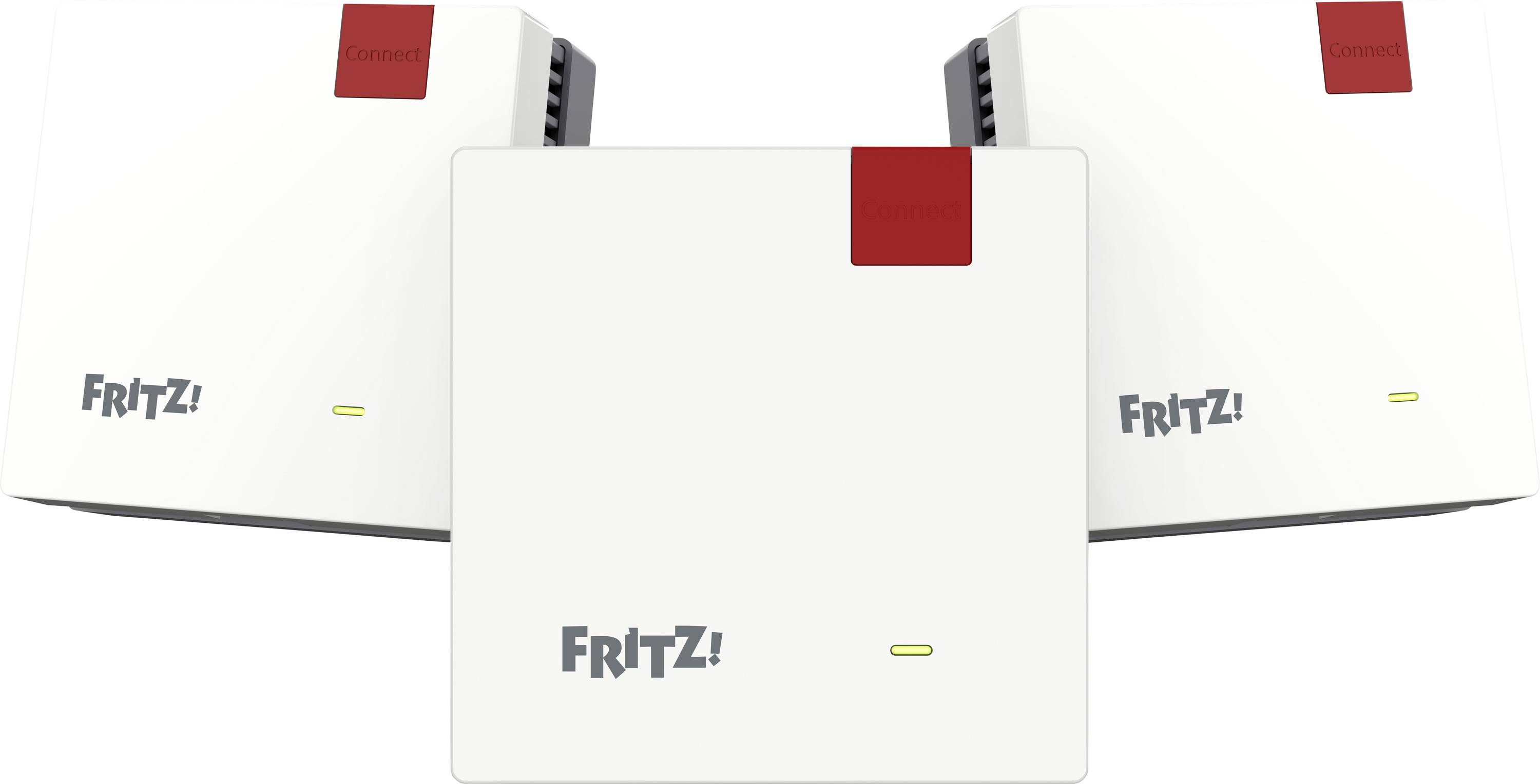 'FRITZ!' Wi-Fi mesh network devices with 'Connect' buttons and status indicators, designed to improve wireless coverage and connectivity.