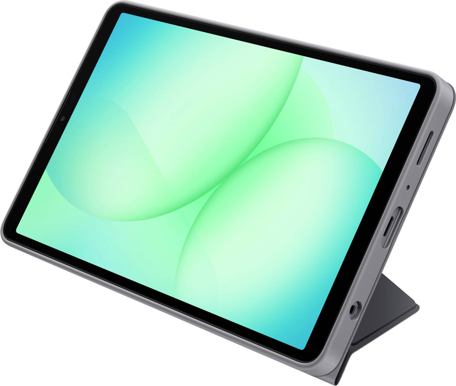 A tablet with a green luminous screen, displayed upright on a stand, showing an abstract design.