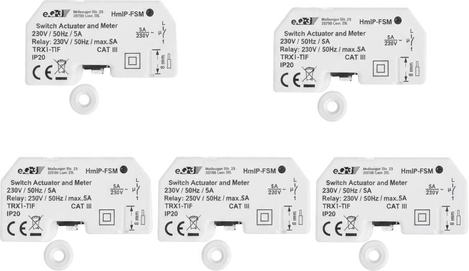 Five switch actuators with meters labeled 'Switch Actuator and Meter', '230V / 50Hz / 5A', 'Relay: 250V / 50Hz / max. 5A', 'TRX1-TIF', 'IP20', 'CAT III'.