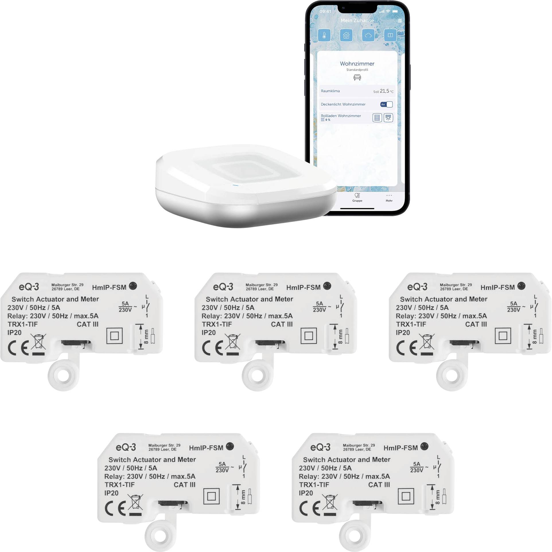 'Aqara' smart switch set with smartphone displaying device controls, including app interface. Features model names and electrical ratings.